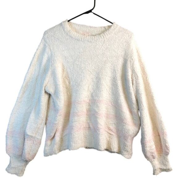 LC Lauren Conrad Womens Sweater White Pink Stripe Super Soft Puff Sleeve Large - Picture 1 of 14